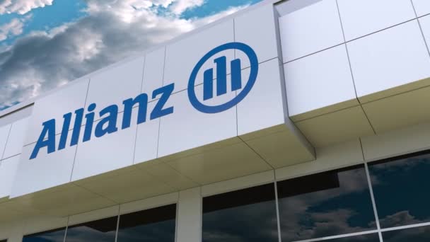 Logotipo da Allianz na fachada moderna do edifício. Renderização 3D editorial — Vídeo de Stock
