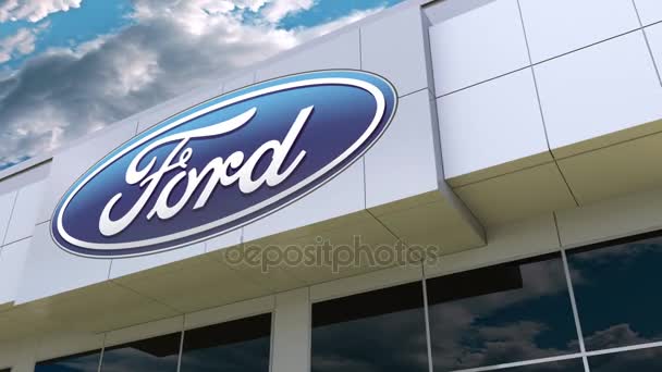 Logotipo da Ford Motor Company na fachada do edifício moderno. Renderização 3D editorial — Vídeo de Stock