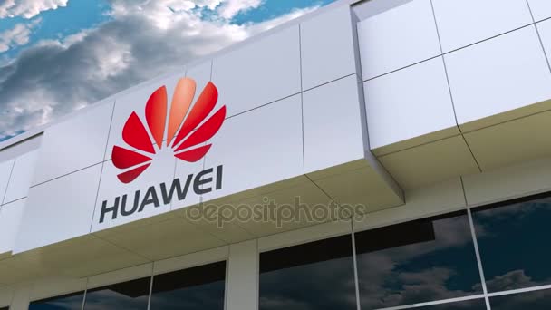 Logo Huawei sur la façade du bâtiment moderne. Editorial rendu 3D — Video