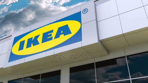 Logotipo Ikea na fachada moderna do edifício. Renderização 3D editorial — Vídeo de Stock