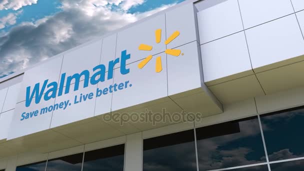 Walmart logo na fasádě moderní budovy. Úvodník 3d vykreslování — Stock video
