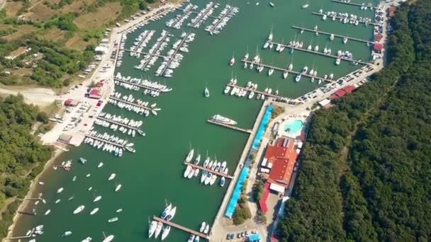 Birden çok park edilmiş tekneleri, motorbot ve yelkenli yat limanı iskeleleri, havadan görünümü — Stok video