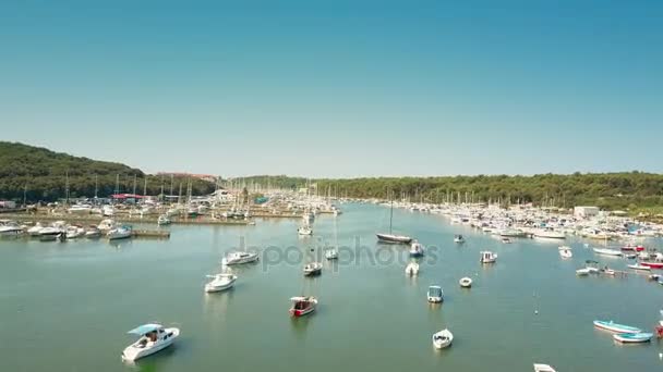 Time lapse aerea di barche ancorate, barche a motore e yacht presso il porto turistico del mare Adriatico — Video Stock