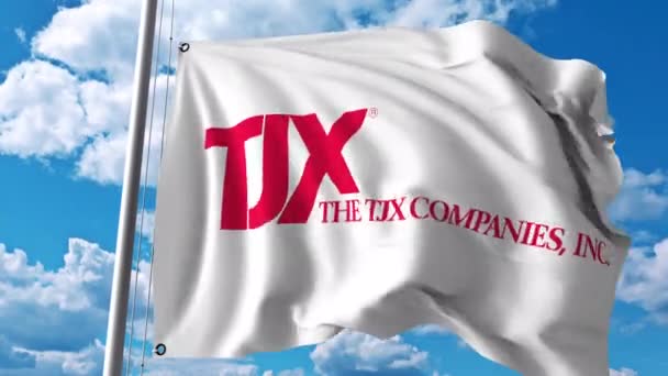 Acenando bandeira com o logotipo da Tjx Companies. Animação editorial 4K — Vídeo de Stock