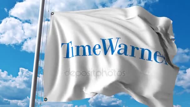 Bandiera sventolante con logo Time Warner. Animazione editoriale 4K — Video Stock