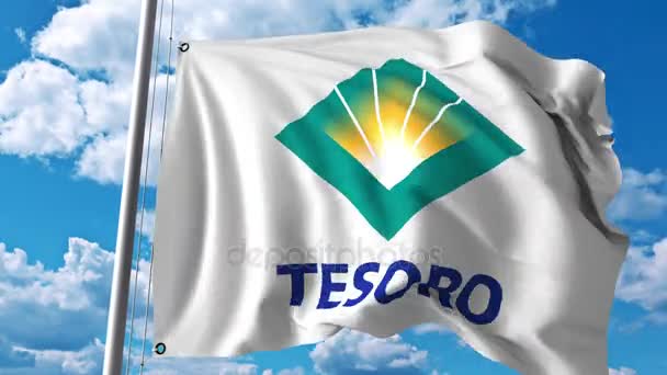 Mengayunkan bendera dengan logo Tesoro. Animasi editorial 4K — Stok Video