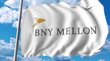 Waving flag with The Bank Of New York Mellon logo. Editoial 3D rendering clipart