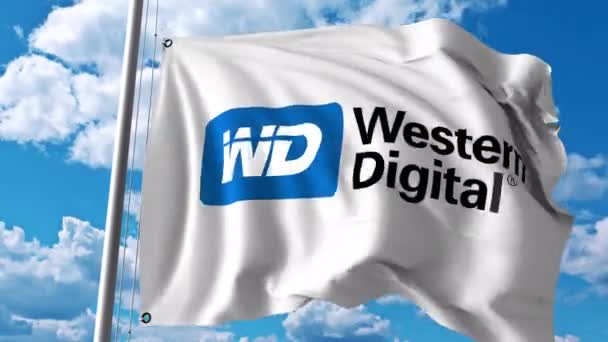 Bandera ondeante con logo Western Digital. Animación editorial 4K — Vídeo de stock