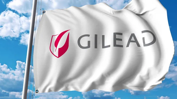 Размахиваю флагом с логотипом компании Gilead Sciences. Трехмерная рендеринг — стоковое фото