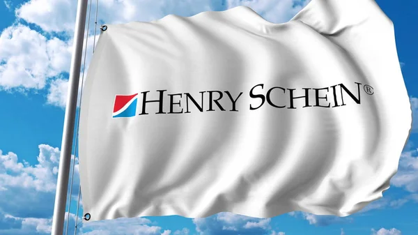 Vlající vlajka s logem Henry Schein. Editoial 3d vykreslování — Stock fotografie