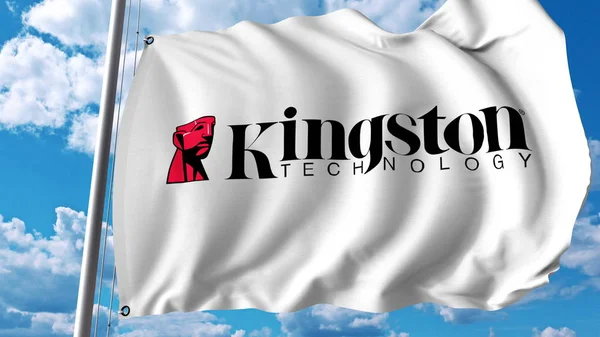 Macha flagą z logo firmy Kingston Technology. Renderowania Editoial 3d — Zdjęcie stockowe