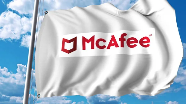 Bandeira ondulada com logotipo da Mcafee. Renderização 3D editorial — Fotografia de Stock