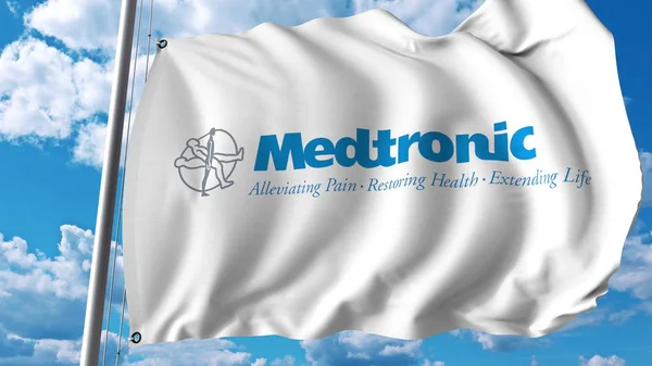 Medtronic 로고와 함께 흔들며 플래그입니다. Editoial 3d 렌더링 — 스톡 사진