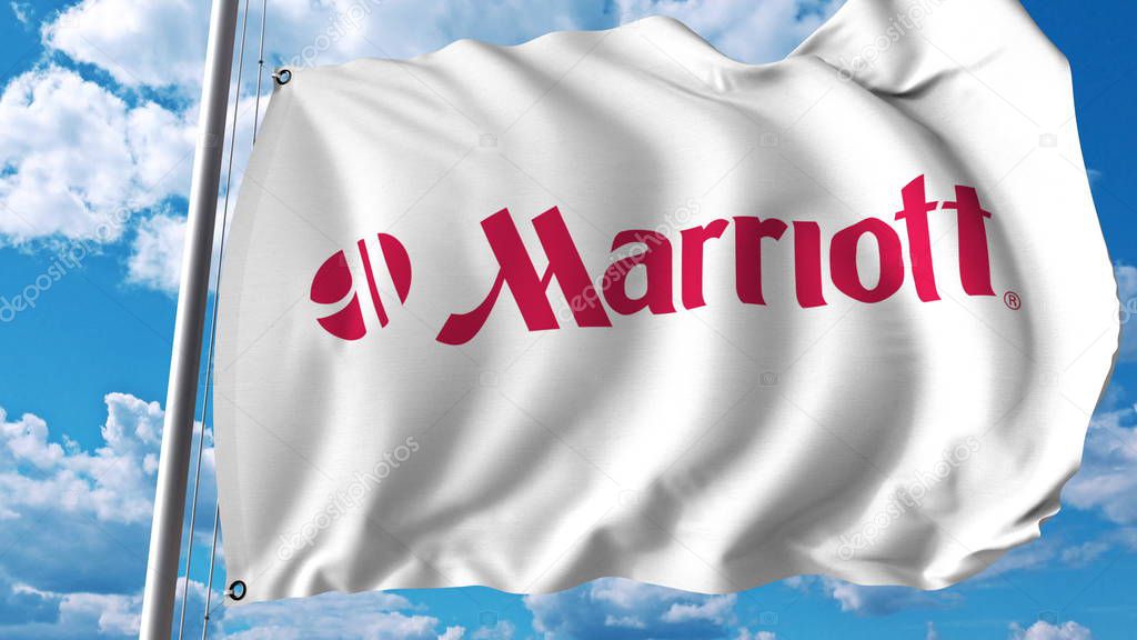 Waving flag with Marriott International logo. Editorial 3D