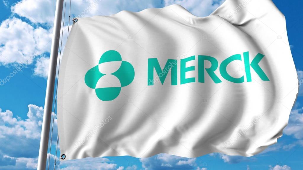Waving flag with Merck Co logo. Editorial 3D