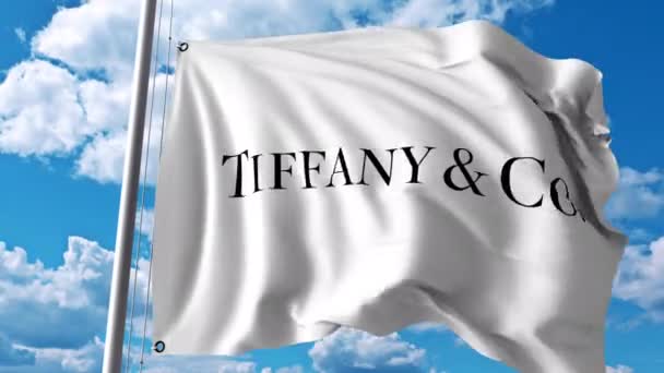 Bandera ondeante con logotipo de Tiffany Co. Animación editorial 4K — Vídeo de stock