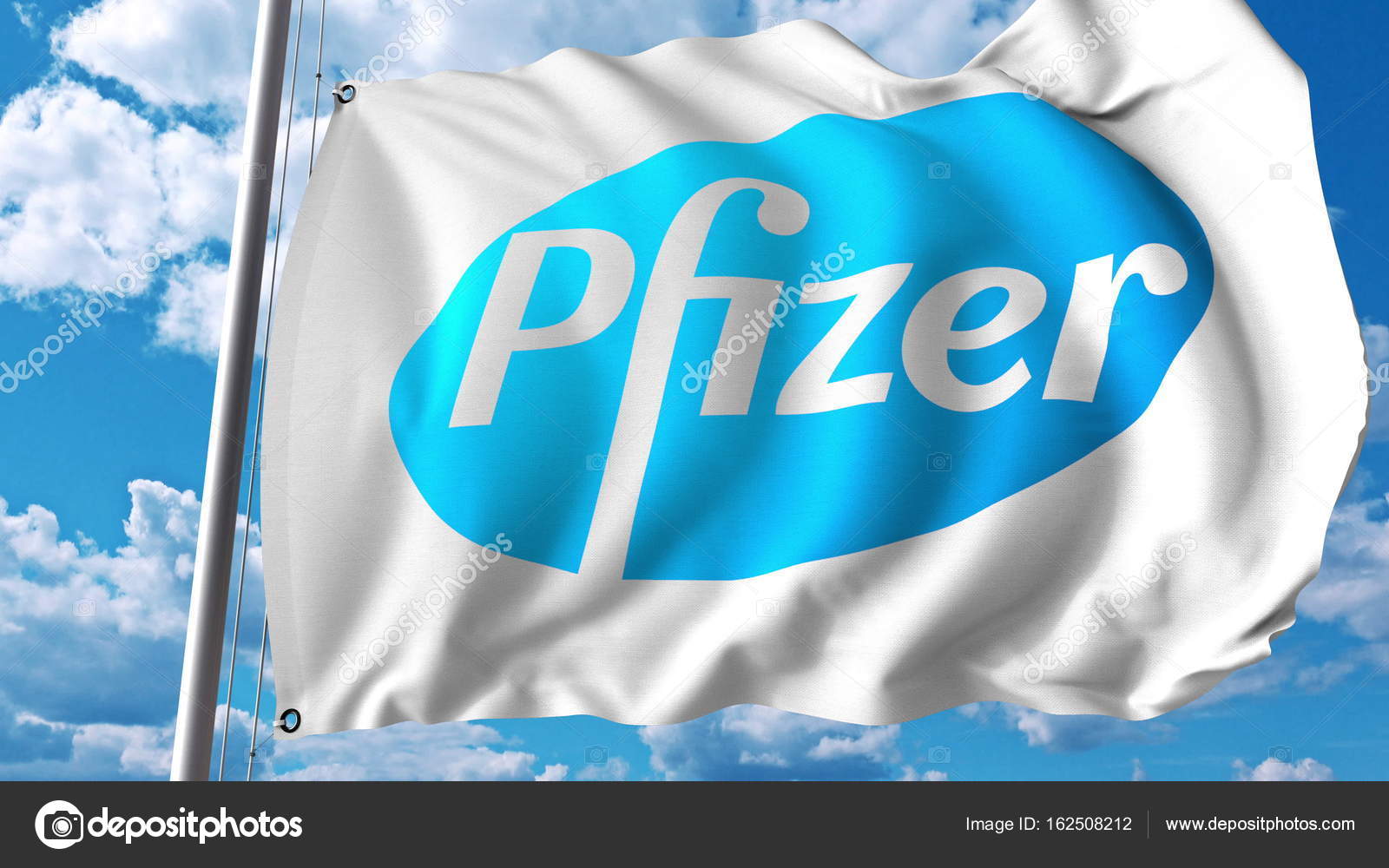 辉瑞公司标志的旗帜。Editoial 3d 渲染—— 库存社论照片© alexeynovikov #162508212
