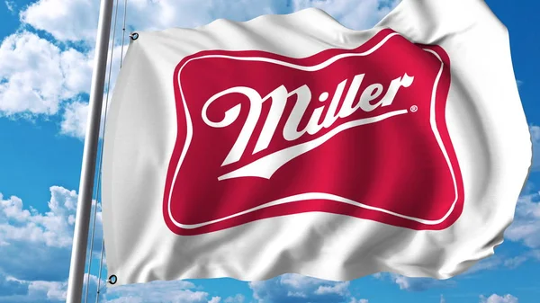 Macha flagą z logo Miller Brewing Company. Renderowania Editoial 3d — Zdjęcie stockowe