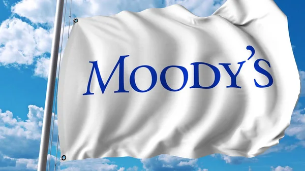 Moody'leri şirket logolu bayrak sallıyor. Editoial 3d render — Stok fotoğraf