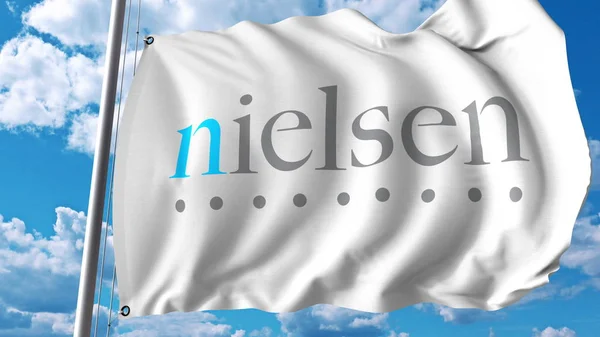 Lambaikan bendera dengan logo Nielsen Holdings. Rendering 3D editoial — Stok Foto