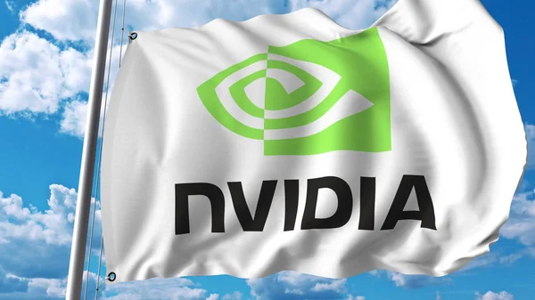 与 Nvidia 的标志的旗帜。Editoial 3d 渲染 — 图库照片