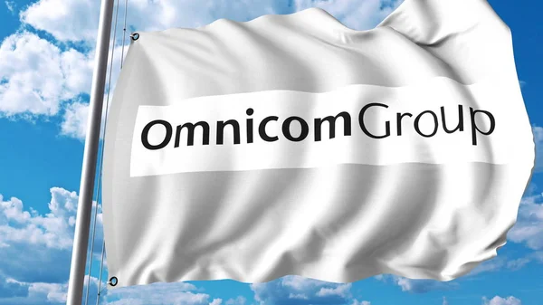 Integetett zászló Omnicom Group logóval. Editoial 3D-s renderelés — Stock Fotó