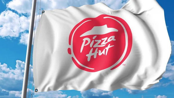 Розмахуючи прапором з логотипом Pizza Hut. Editoial 3d візуалізації — стокове фото