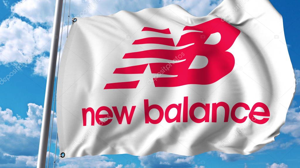 Waving flag with New Balance logo. Editorial 3D