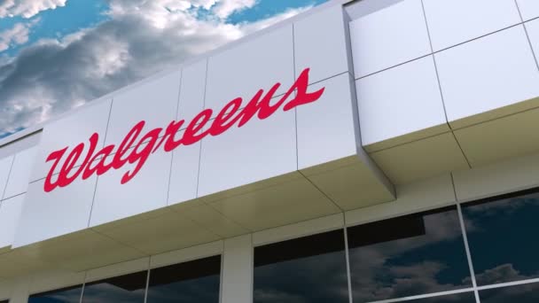 Logotipo Walgreens na fachada do edifício moderno. Renderização 3D editorial — Vídeo de Stock