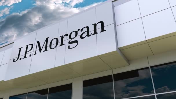 Logotipo J.P. Morgan na fachada moderna do edifício. Renderização 3D editorial — Vídeo de Stock