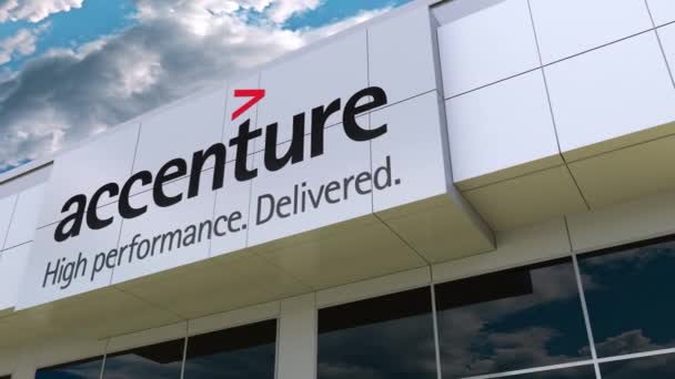 Logotipo Accenture na fachada do edifício moderno. Renderização 3D editorial — Vídeo de Stock