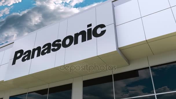 Логотип Panasonic Corporation на фасаде современного здания. Редакционная 3D рендеринг — стоковое видео