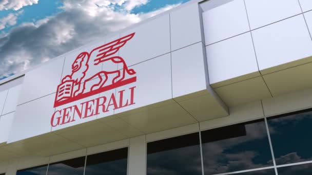 Logotipo do Grupo Generali na fachada moderna do edifício. Renderização 3D editorial — Vídeo de Stock