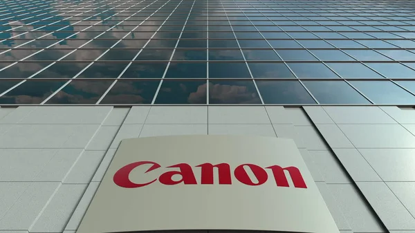 Tablero de señalización con el logotipo de Canon Inc.. Moderna fachada del edificio de oficinas. Representación Editorial 3D —  Fotos de Stock
