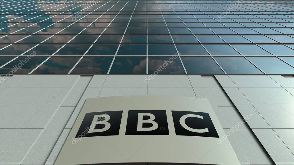 Outdoor signage board with British Broadcasting Corporation BBC logo. Modern office building. Editorial 3D