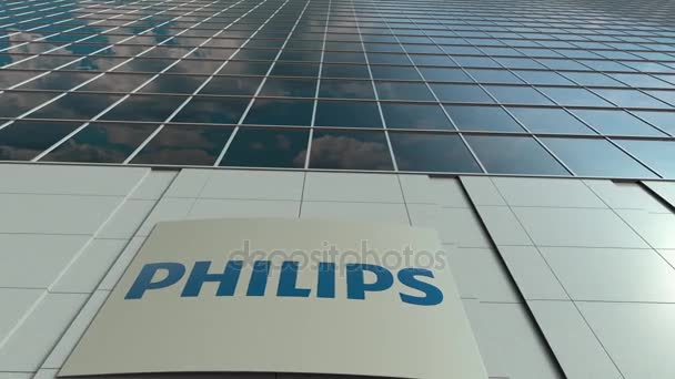 フィリップスのロゴと看板ボード。近代的なオフィスビルのファサードの時間経過。3 d レンダリングの社説 — ストック動画