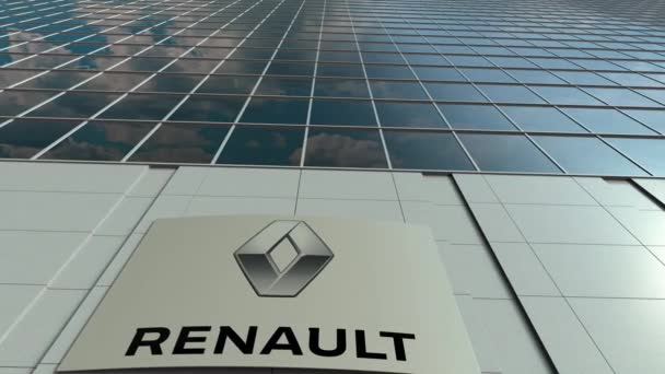 Placa de sinalização com logotipo Groupe Renault. Moderno escritório edifício fachada lapso de tempo. Renderização 3D editorial — Vídeo de Stock