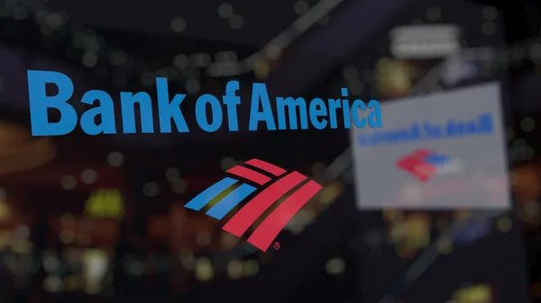 Bank of America logó az üveg homályos üzleti központ ellen. Szerkesztői 3d-leképezés — Stock Fotó