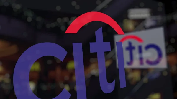 Citigroup-logo op het glas tegen wazig zakencentrum. Redactioneel 3D-rendering — Stockfoto