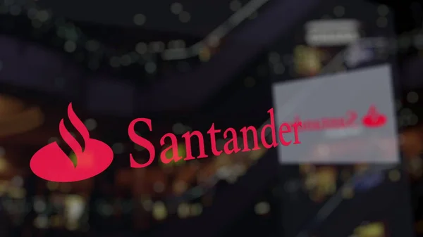 Logo Santander Serfin sul vetro contro il centro business sfocato. Rendering editoriale 3D — Foto Stock