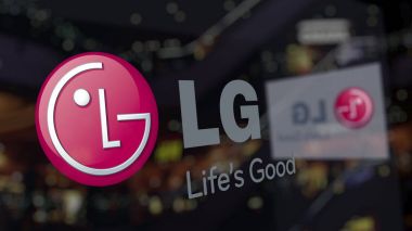 LG Corporation logo on the glass against blurred business center. Editorial 3D rendering clipart