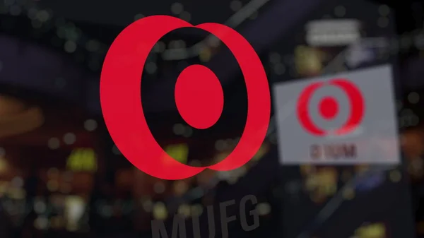 Logo MUFG sul vetro contro il centro business sfocato. Rendering editoriale 3D — Foto Stock