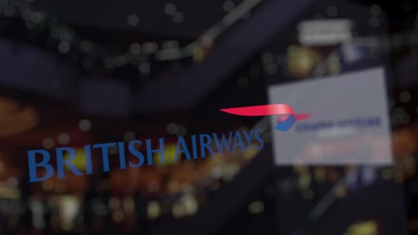 Logo British Airways sur le verre contre le centre d'affaires flou. Editorial rendu 3D — Video