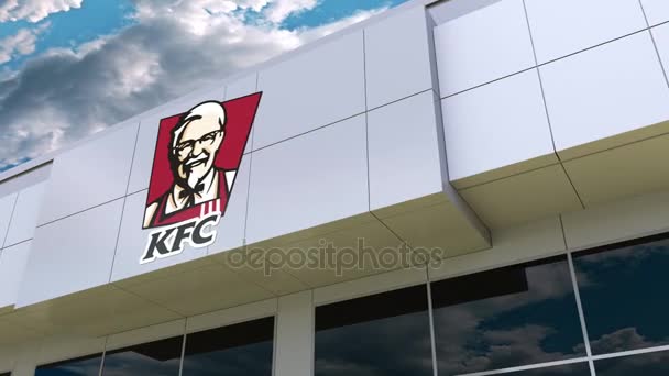 현대 건물 외관에 켄터키 프라이드 치킨 Kfc 로고. 사설 3 차원 렌더링 — 비디오