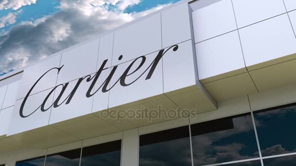 Logotipo de Cartier en la moderna fachada del edificio. Representación Editorial 3D — Vídeos de Stock