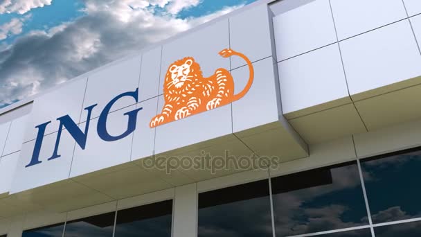Ing Group logo på fasadens modern byggnad. Redaktionella 3d-rendering — Stockvideo