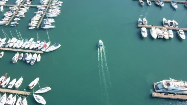 Pula, Horvátország - augusztus 2, 2017. Légi felvétel a gyorshajtás motoros közelében marina piers — Stock videók