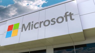 Microsoft logo on the modern building facade. Editorial 3D rendering clipart