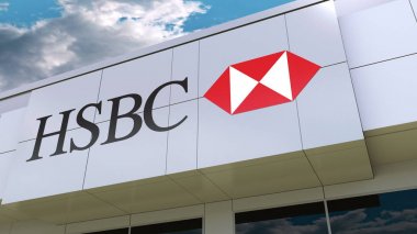 HSBC logo on the modern building facade. Editorial 3D rendering clipart