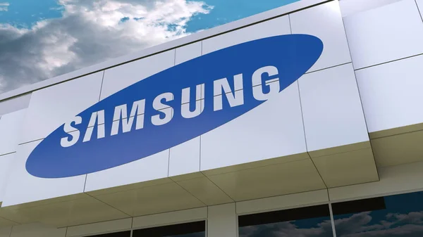 Logotipo da Samsung na fachada do edifício moderno. Renderização 3D editorial — Fotografia de Stock